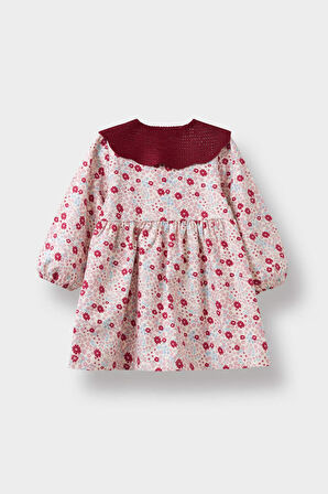 Kız Bebek Bebe Yaka Çiçekli Uzun Kollu Twill Elbise