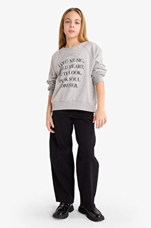 Kız Çocuk Relax Fit Bisiklet Yaka Baskılı Sweatshirt 