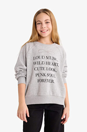 Kız Çocuk Relax Fit Bisiklet Yaka Baskılı Sweatshirt 