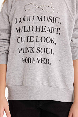 Kız Çocuk Relax Fit Bisiklet Yaka Baskılı Sweatshirt 