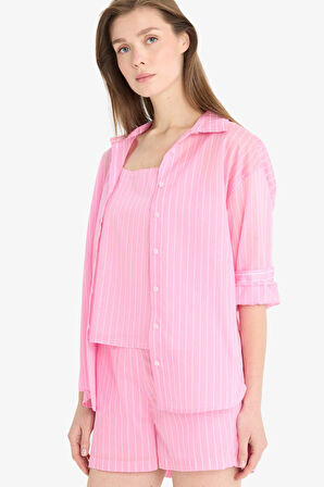 Oversize Geniş Kalıp Çizgili Modal Uzun Kollu Gömlek