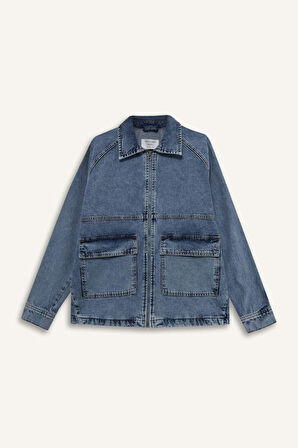 Relax Fit Fermuarlı Denim Ceket