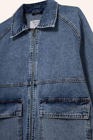 Relax Fit Fermuarlı Denim Ceket