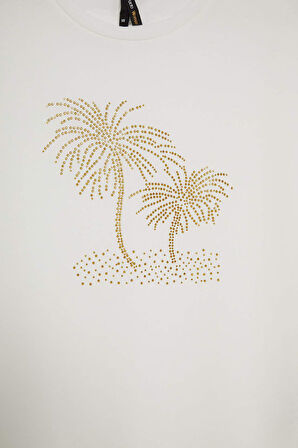 Bisiklet Yaka Taş Baskılı Kısa Kollu Tişört