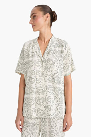 Pijama Takımı Regular Fit Viskon Desenli Kısa Kollu Üst Uzun Alt-Fall in Love 