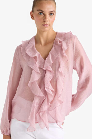 Overshirt Fit Modal Volanlı Uzun Kollu Bluz