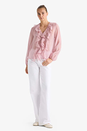 Overshirt Fit Modal Volanlı Uzun Kollu Bluz