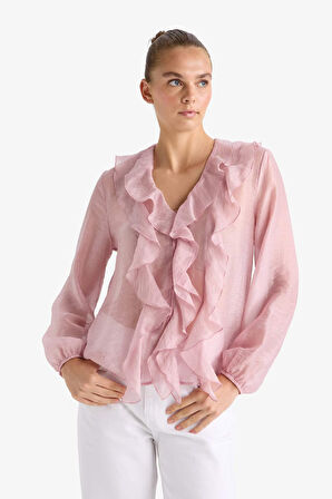 Overshirt Fit Modal Volanlı Uzun Kollu Bluz