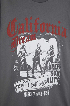 Oversize Geniş Kalıp Bisiklet Yaka Baskılı Kısa Kollu Tişört