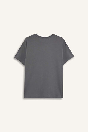 Oversize Geniş Kalıp Bisiklet Yaka Baskılı Kısa Kollu Tişört