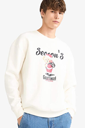 Boxy Fit Bisiklet Yaka Baskılı Sweatshirt