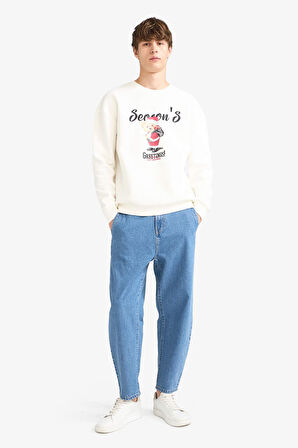 Boxy Fit Bisiklet Yaka Baskılı Sweatshirt