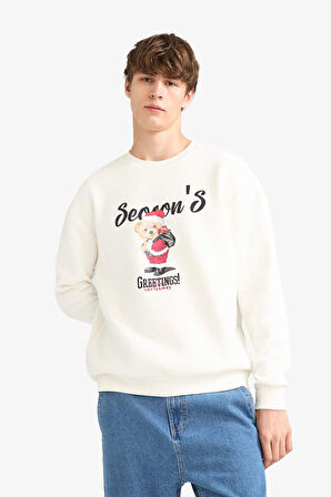 Boxy Fit Bisiklet Yaka Baskılı Sweatshirt