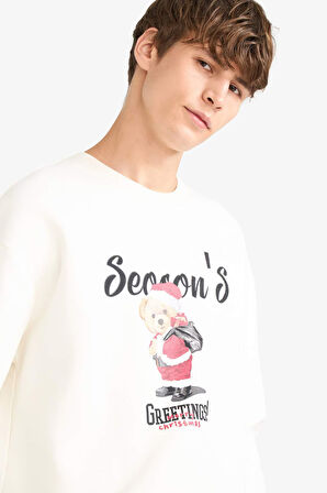 Boxy Fit Bisiklet Yaka Baskılı Sweatshirt