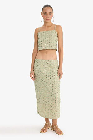 Regular Fit İnce Askılı Taş İşlemeli Vual Bluz