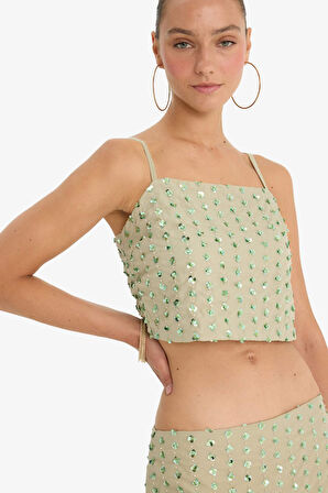 Regular Fit İnce Askılı Taş İşlemeli Vual Bluz