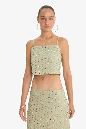 Regular Fit İnce Askılı Taş İşlemeli Vual Bluz