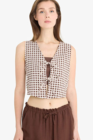 Fitted V Yaka Kareli Bağlamalı Pamuklu Kolsuz Bluz