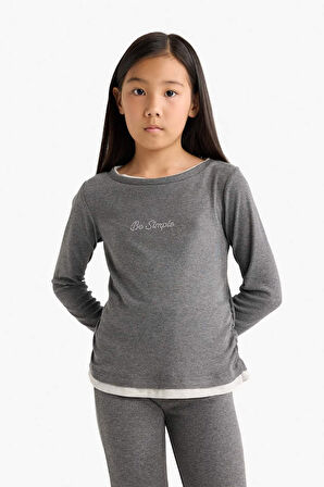 Kız Çocuk 2'li Takım Baskılı Uzun Kollu Tişört Eşofman Altı 