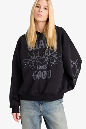 Coool Oversize Geniş Kalıp Kapüşonlu Baskılı Kalın Kumaş Sweatshirt