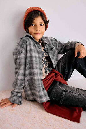 Erkek Çocuk Overshirt Fit Polo Yaka Kareli Flanel Uzun Kollu Gömlek