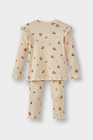 Kız Bebek Pijama Takımı Meyve Desenli Uzun Kollu Fitilli Kaşkorse Üst Uzun Alt