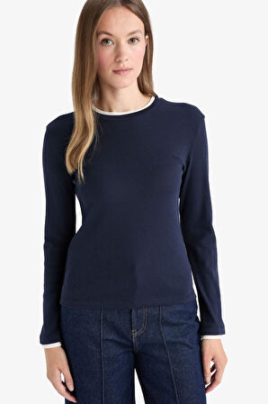 Slim Fit Dar Kesim Bisiklet Yaka Uzun Kollu Tişört Tunik