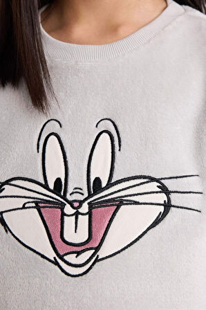 Kız Çocuk Looney Tunes Pijama Takımı Nakışlı Pelüş Uzun Kollu Üst Uzun Alt