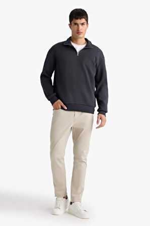 Regular Fit Dik Yaka Yarım Fermuarlı İçi Yumuşak Tüylü Basic Düz Sweatshirt