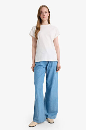 Bisiklet Yaka Flamlı Pamuk Kısa Kollu Tişört