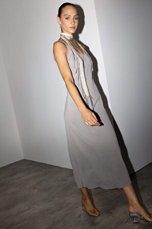 V Yaka Modal Kolsuz Maxi Elbise