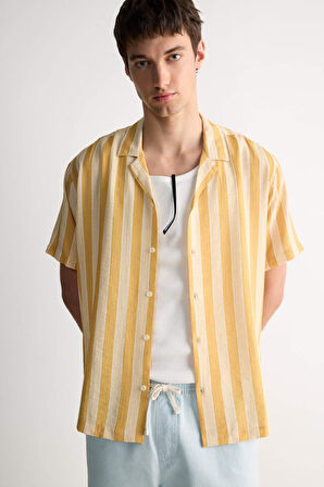 DeFacto Regular Fit Apaş Yaka Baskılı Çizgili Kısa Kollu Gömlek E5421AX25SMYL506