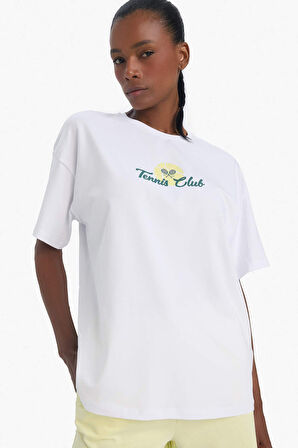 DeFactoFit Oversize Geniş Kalıp Bisiklet Yaka Sırt Baskılı Sporcu Kısa Kollu Tişört E3595AX25SMWT34