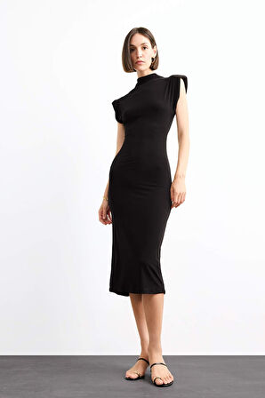 Fitted Dik Yaka Kolsuz Midi Elbise