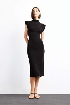 Fitted Dik Yaka Kolsuz Midi Elbise
