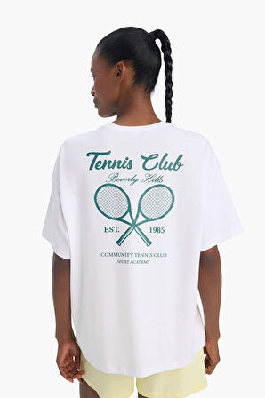 DeFactoFit Oversize Geniş Kalıp Bisiklet Yaka Sırt Baskılı Sporcu Kısa Kollu Tişört E3595AX25SMWT34