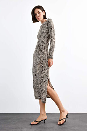 Leopar Desenli Twill Uzun Kollu Midi Elbise