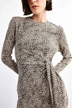Leopar Desenli Twill Uzun Kollu Midi Elbise