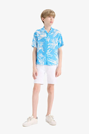 DeFacto Erkek Çocuk Oversize Geniş Kalıp Polo Yaka Desenli Viskon Kısa Kollu Gömlek F5675A825HSBE339