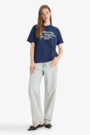 Oversize Geniş Kalıp Bisiklet Yaka Baskılı Kısa Kollu Tişört