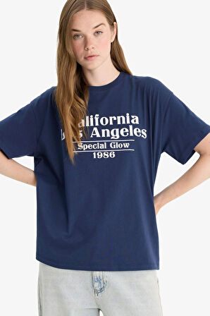 Oversize Geniş Kalıp Bisiklet Yaka Baskılı Kısa Kollu Tişört