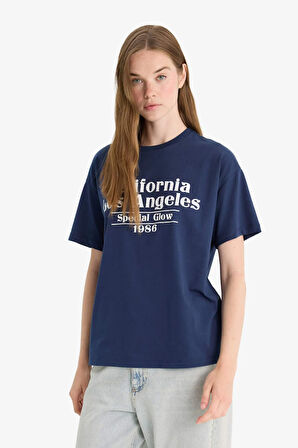 Oversize Geniş Kalıp Bisiklet Yaka Baskılı Kısa Kollu Tişört