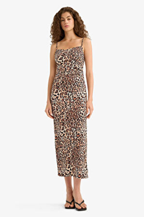 Bodycon Vücudu Saran Leopar Desenli Askılı Maxi Elbise