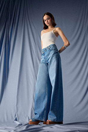 Wide Leg Yüksek Bel Uzun Jean Yıkamalı Pantolon