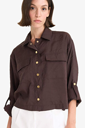 Regular Fit Gömlek Yaka Keten Karışımlı Beli Lastikli İnce Ceket