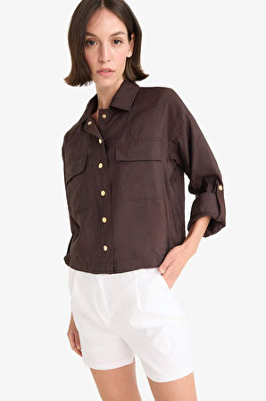 Regular Fit Gömlek Yaka Keten Karışımlı Beli Lastikli İnce Ceket