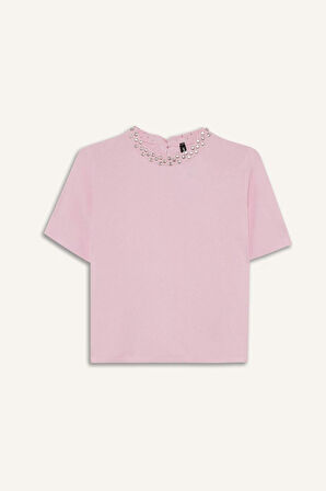 Regular Fit Bisiklet Yaka İşlemeli Krep Kazak