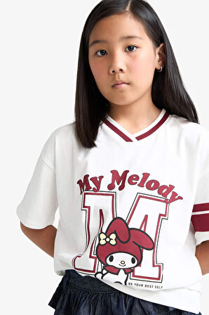 Kız Çocuk Hello Kitty Oversize Geniş Kalıp V Yaka Kısa Kollu Tişört