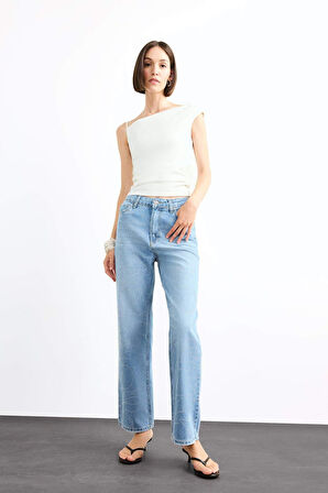 Baggy Fit Yüksek Bel Düz Paça Jean Pantolon
