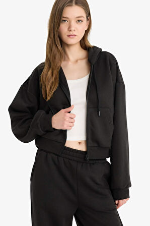 Coool Cropped Fit Kapüşonlu Kalın Fermuarlı Sweatshirt 